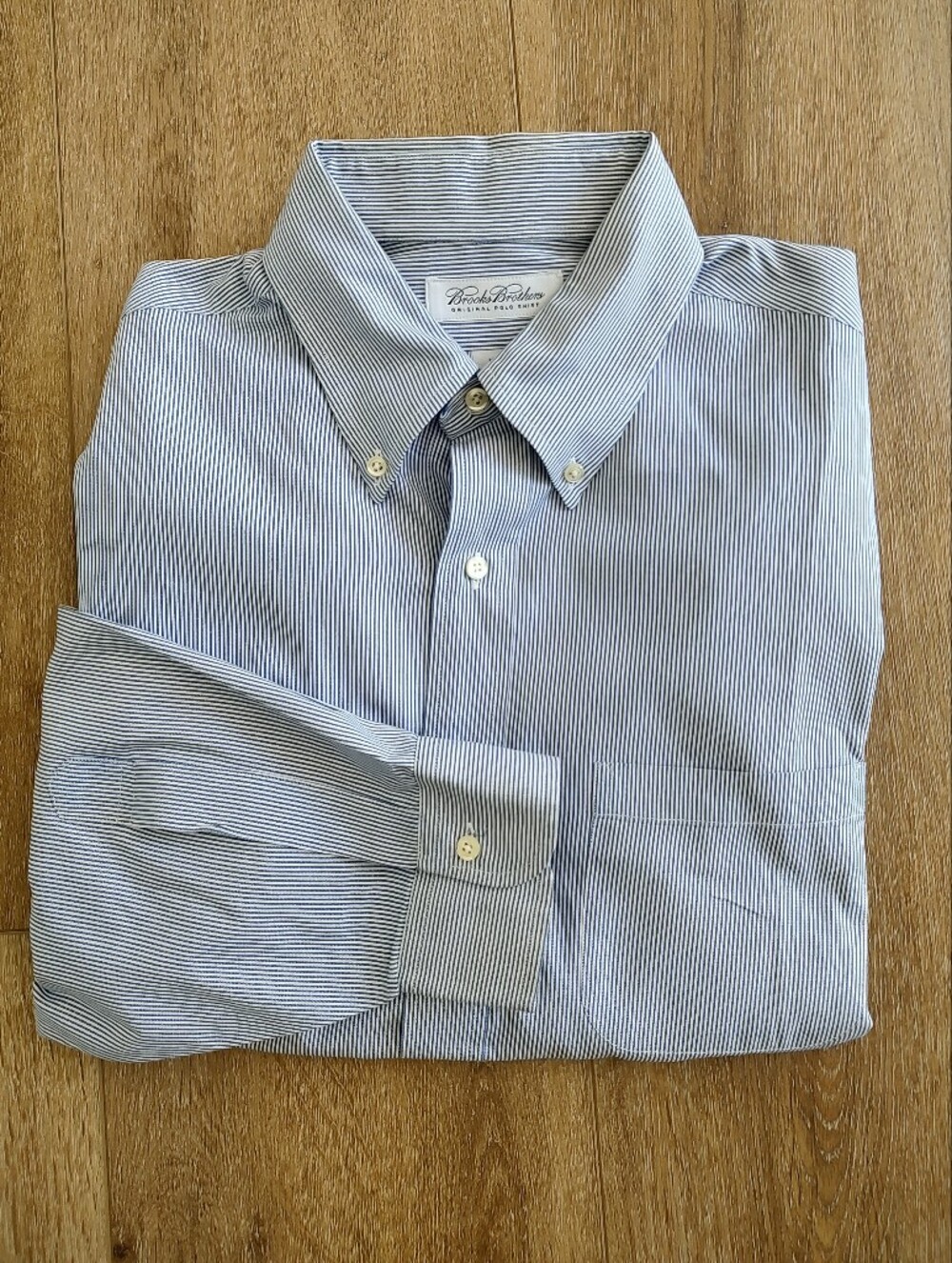 Brooks Brothers Original Polo Button Down Shirt 16.5-32 Blue Stripe Cotton USA